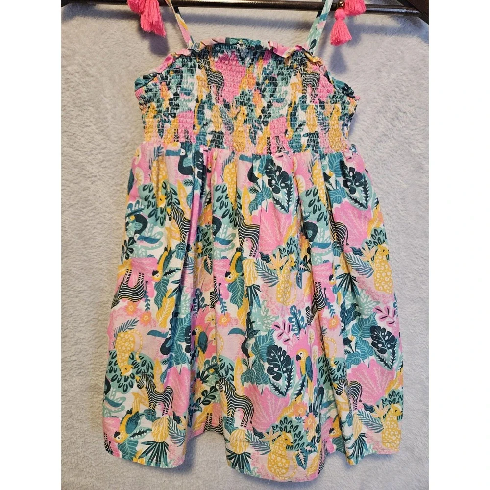 Tommy Bahama Floral Babydoll Sun Dress Tropical Print Girls Size 5 Zebra Tassels